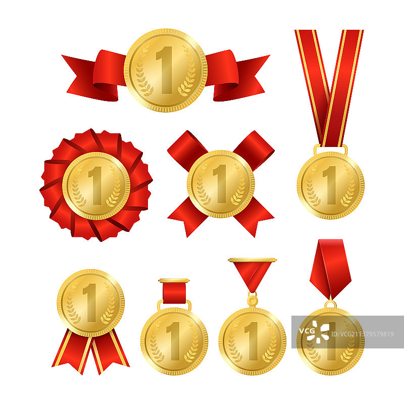 逼真3D细节金色奖牌套装图片素材