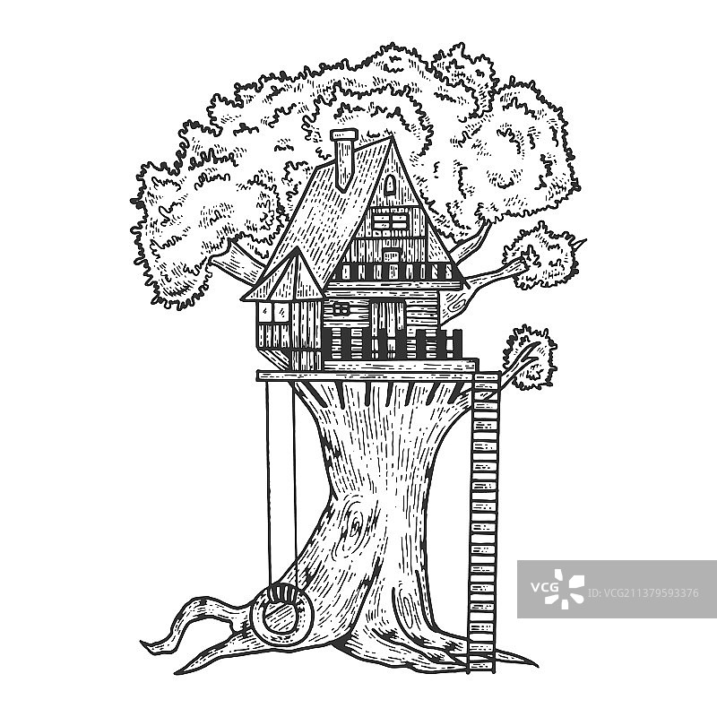 树屋素描雕刻图片素材