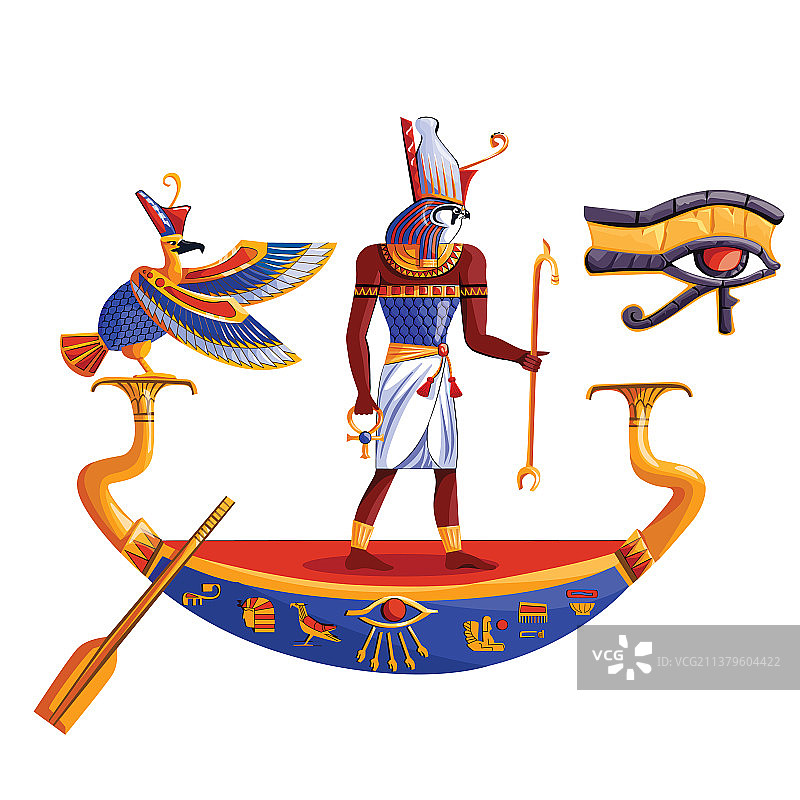 古埃及太阳神拉或荷鲁斯在船上图片素材