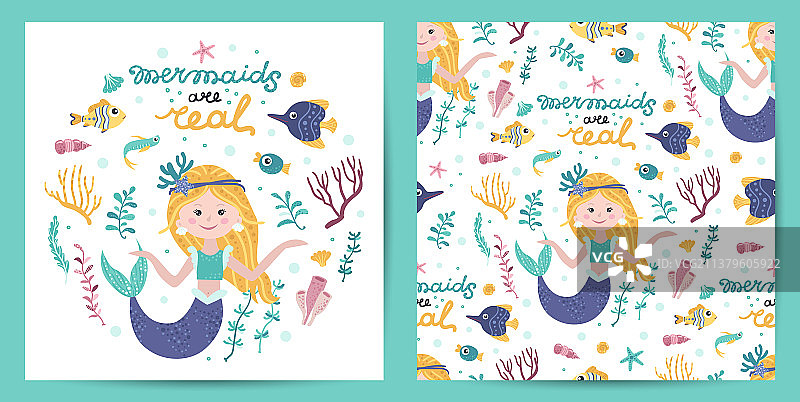 可爱美人鱼无缝图案卡片图片素材