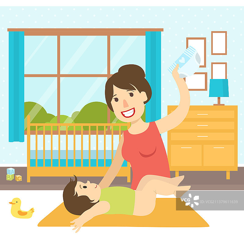 妈妈在换尿布台上给宝宝换尿布图片素材