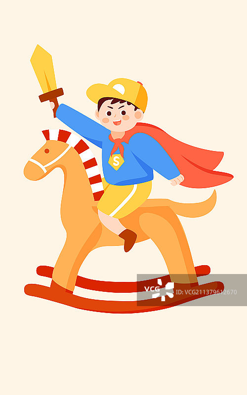 六一儿童节男孩骑木马插画快乐童年活动海报图片素材