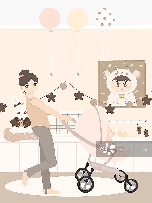 妈妈在儿童房推婴儿车图片素材