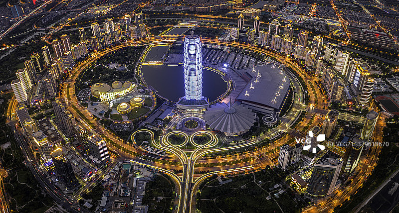 航拍郑州CBD城市风光建筑夜景灯光道路建筑图片素材