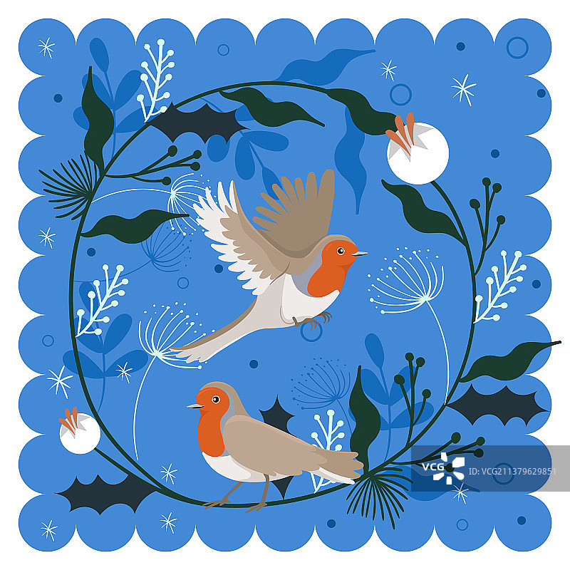 带有植物元素的知更鸟贺卡图片素材