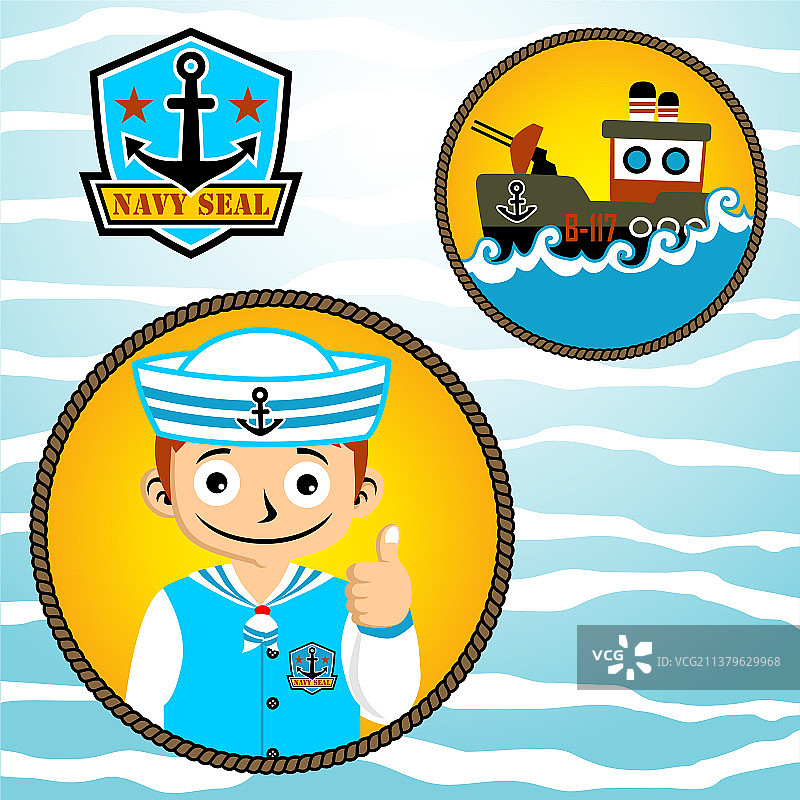 年轻海豹突击队卡通形象与军舰图片素材