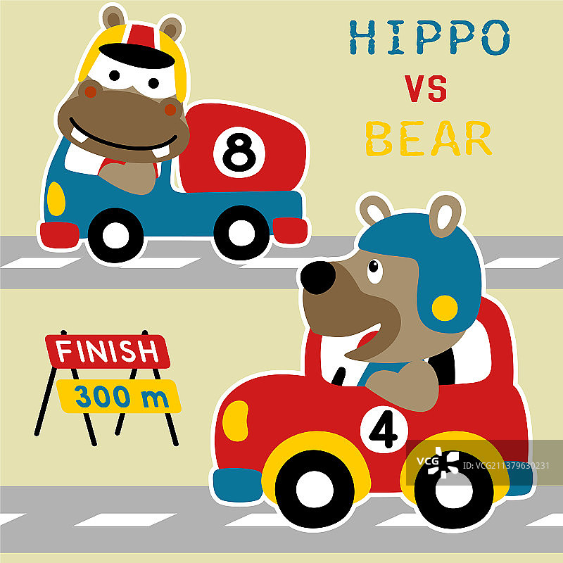 熊和河马在赛车卡通中图片素材
