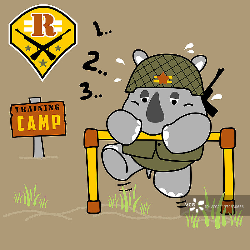 卡通军事训练营里的犀牛图片素材