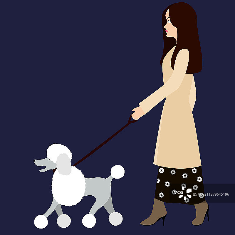 女人带着贵宾犬，扁平风格图片素材