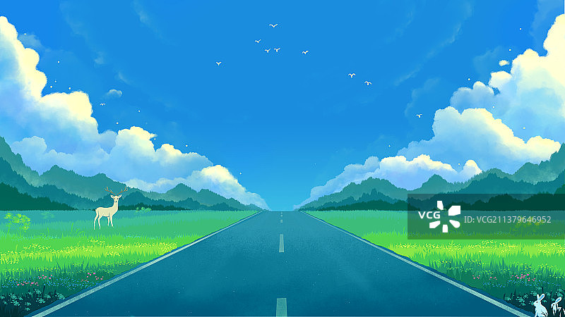 蓝天白云假日唯美插画图片素材