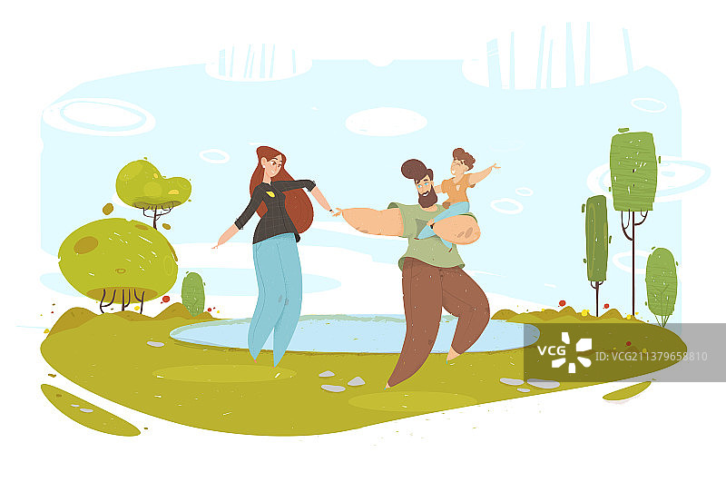 快乐的手工家庭在湖边享受大自然图片素材