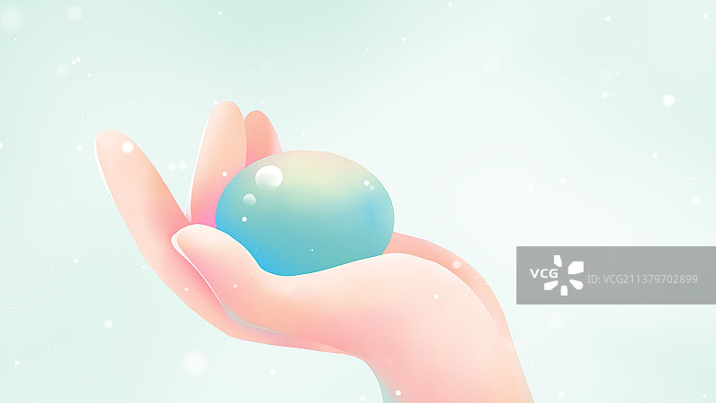 手中托起一枚碧绿色的蛋，唯美治愈系创意插画图片素材