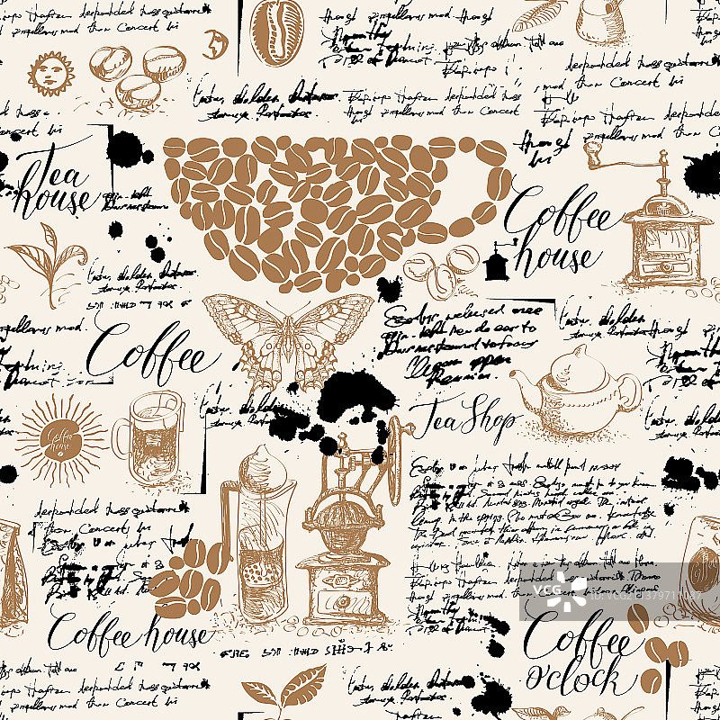 咖啡和茶主题上的无缝图案图片素材