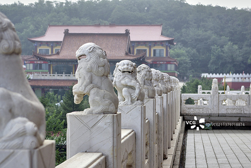 一尊栏杆上的石狮正看向镜头图片素材