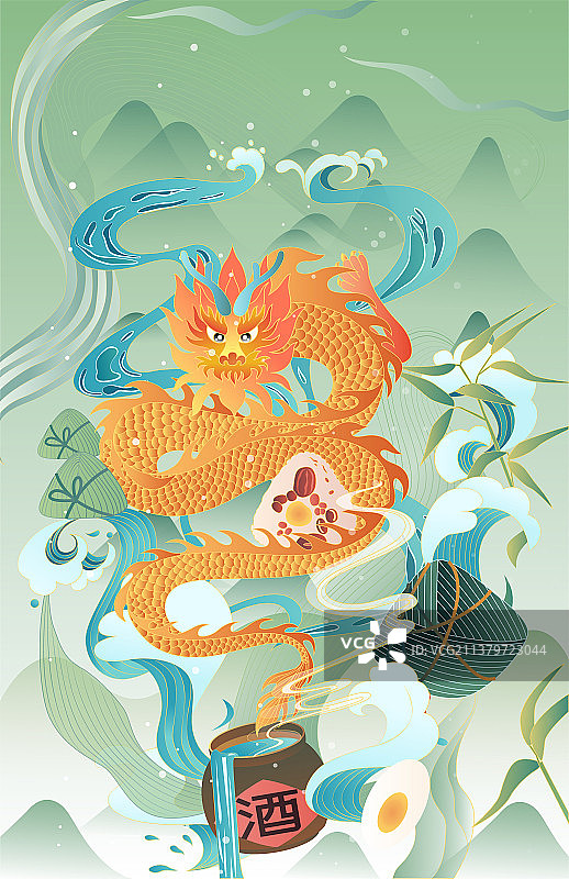 飞龙绕着粽子红枣咸鸭蛋纪念端午佳节图片素材