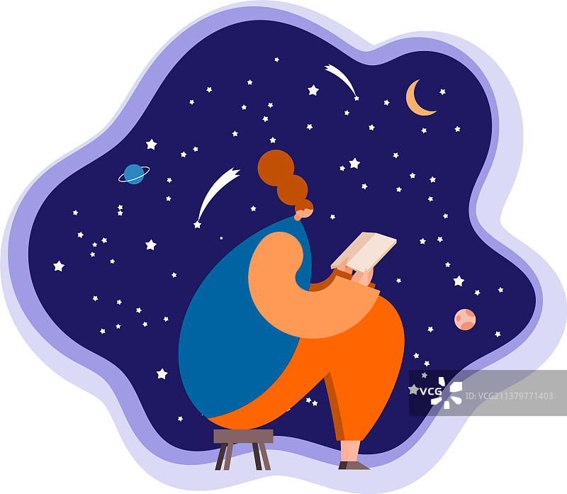 女孩在星空背景下读书图片素材