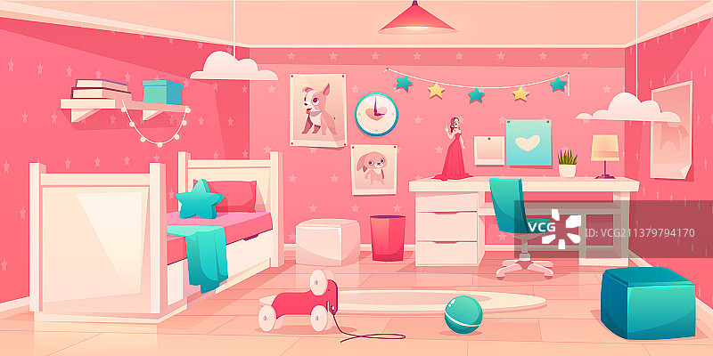 卡通风格的温馨卧室一角图片素材