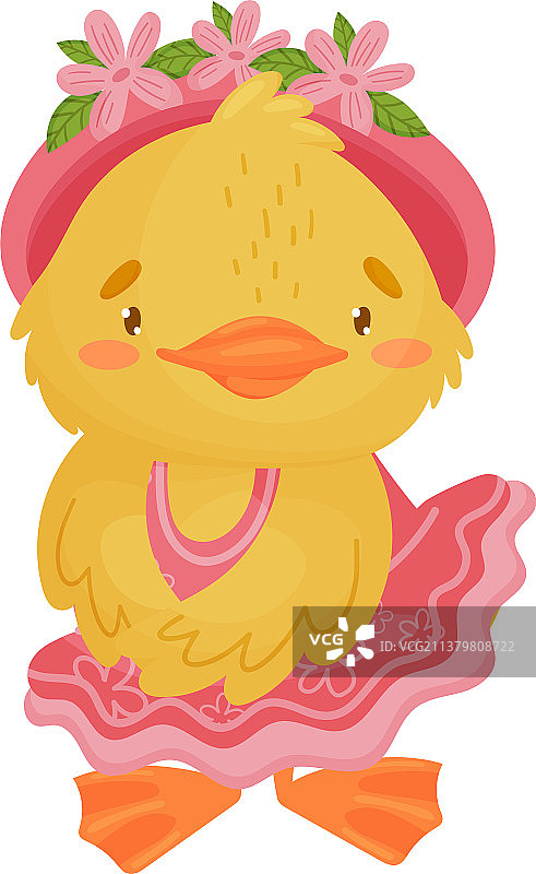 穿着连衣裙的可爱黄色小鸭子女孩图片素材