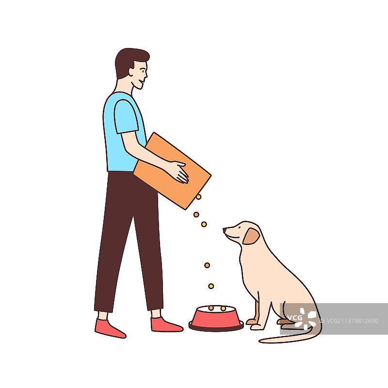 可爱的男志愿者在动物收容所喂养流浪狗图片素材