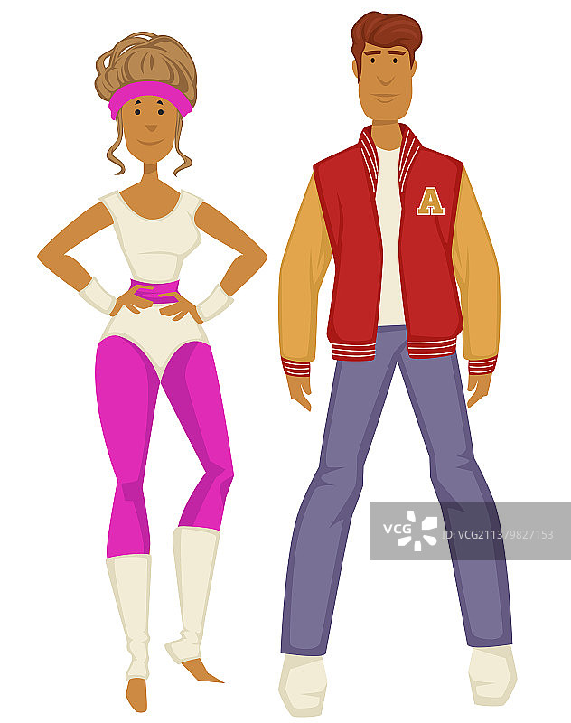 身穿 1980 年代情侣健身服的男人和女人图片素材