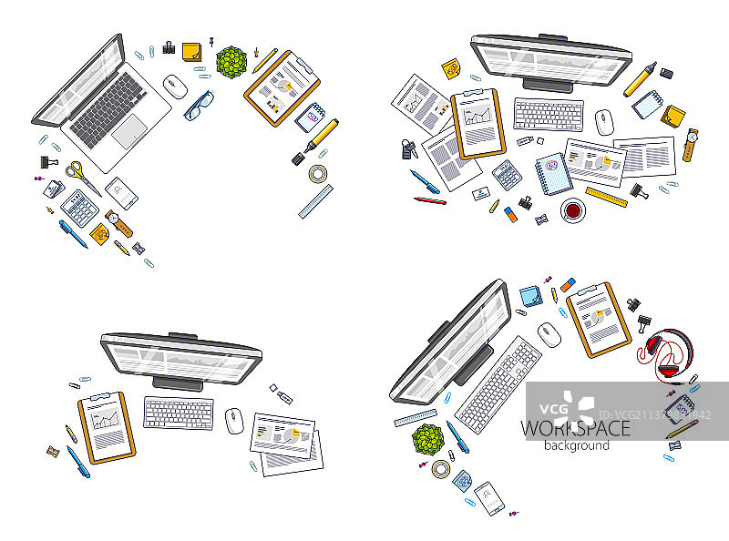 带有电脑的办公桌工作区顶视图图片素材