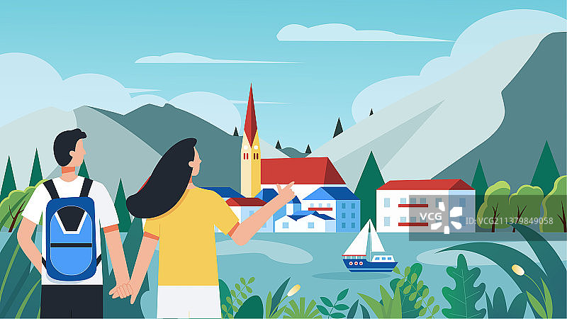 情侣去湖景船和蓝天山脉的春天村庄全景插画图片素材