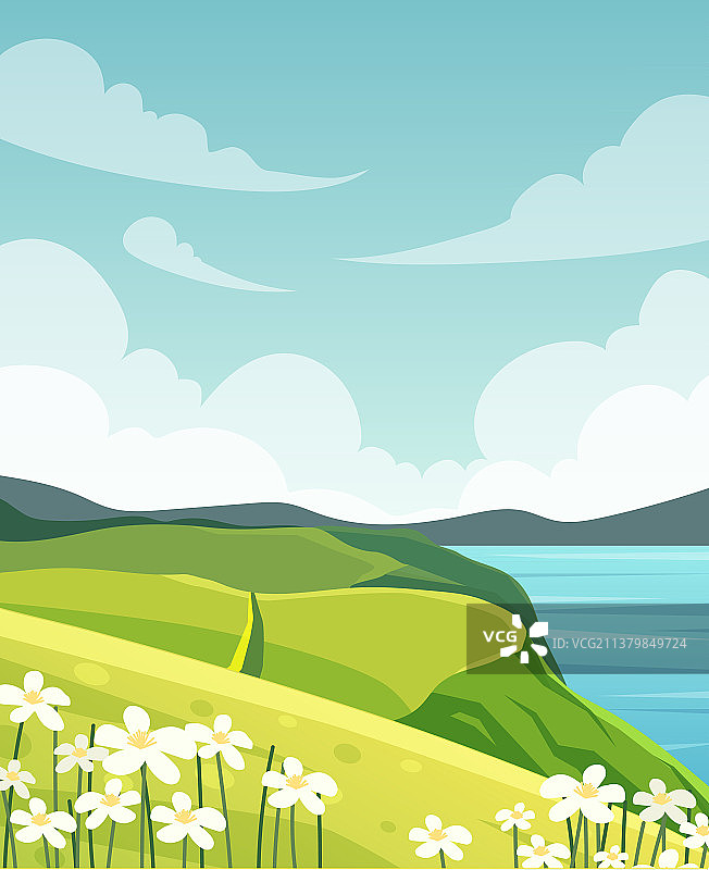 矢量小清新风景天空山水花卉草地插画图片素材