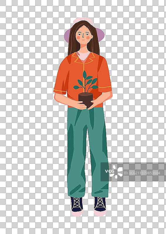 一个中国女孩手捧着一盆绿色植物图片素材