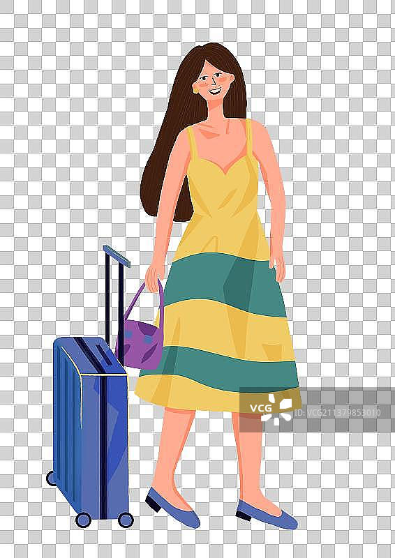 一个拉着行李箱穿着裙子的女人图片素材