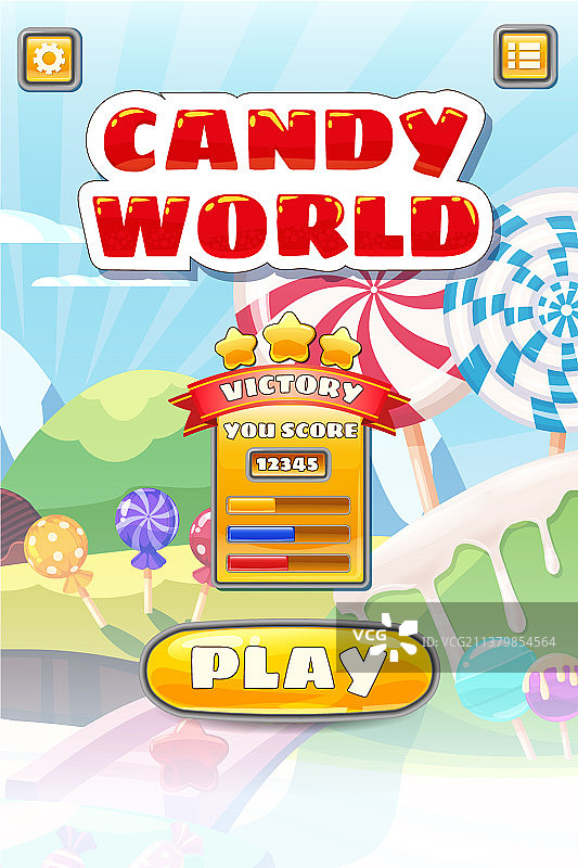 糖果世界三消游戏UI套件和按钮图片素材