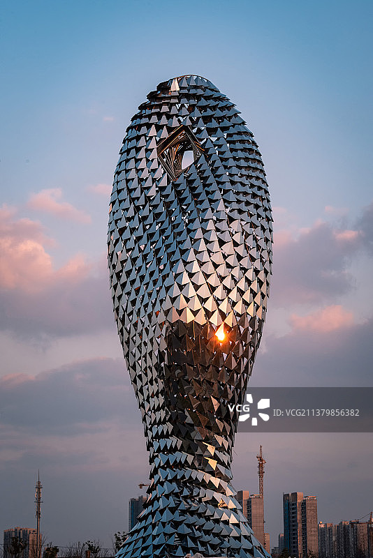 夕阳温暖的日落阳光和彩色的晚霞中，奉贤金海湖上海之鱼雕塑的不锈钢金属反射着阳光图片素材