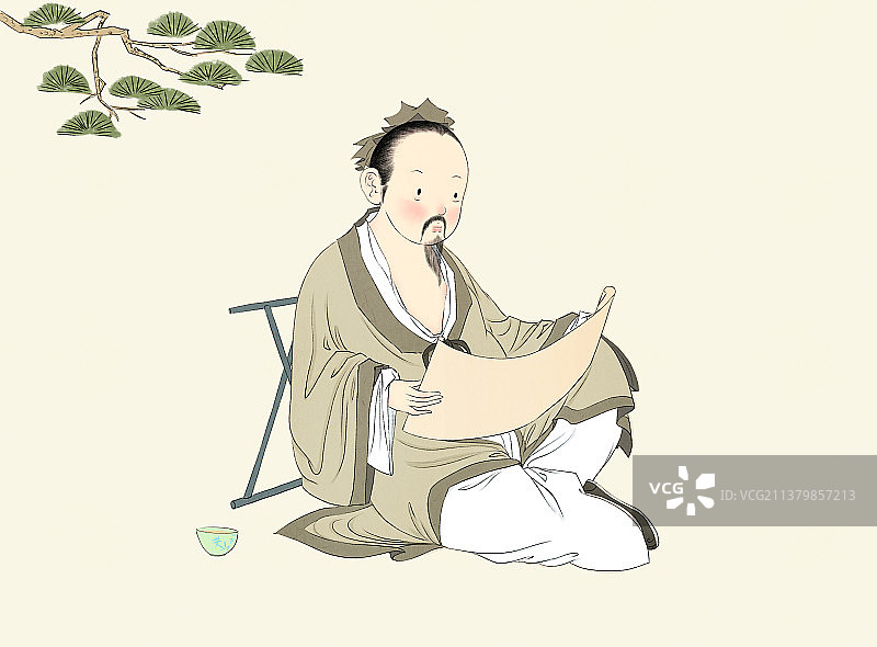 夏天悠闲乘凉读书的古人图片素材