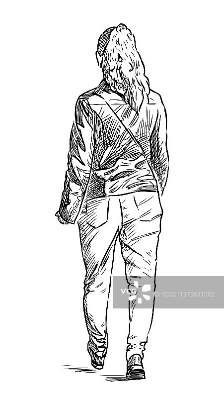 手绘在街上漫步的城镇女性图片素材