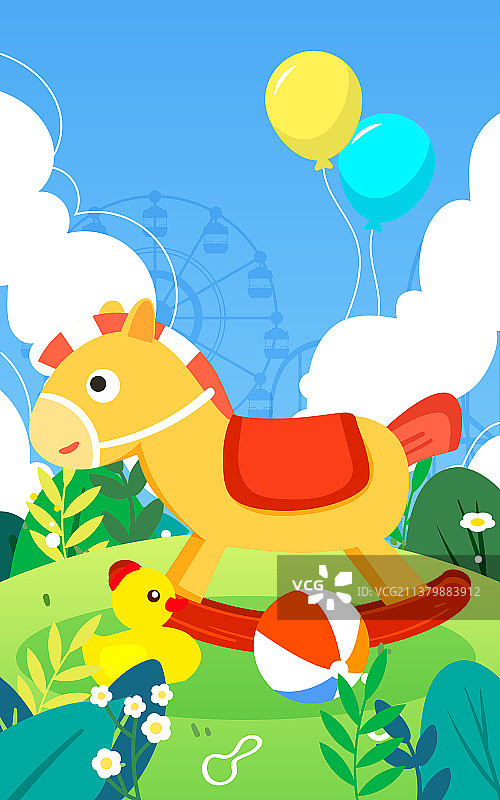 六一儿童节女孩骑木马插画快乐童年活动海报图片素材