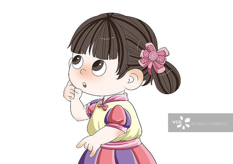 穿着公主裙正在思考的小女孩图片素材