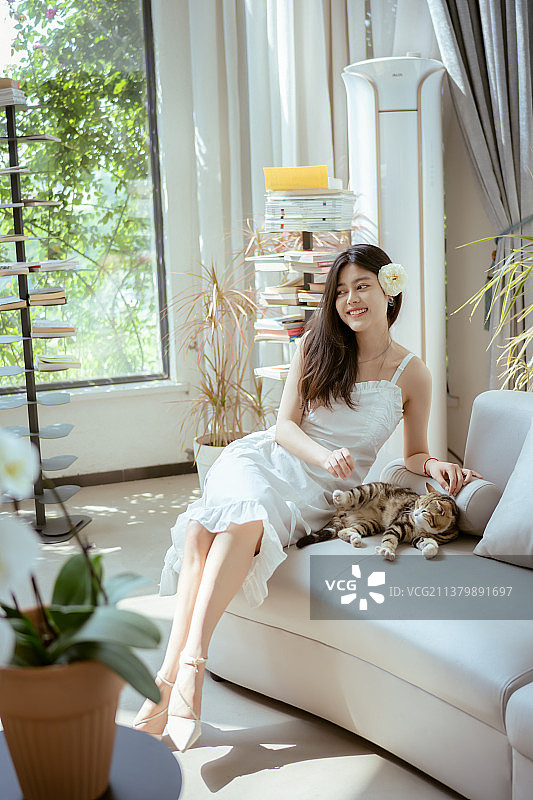 亚洲女子与宠物猫图片素材