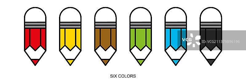 铅笔和橡皮擦6色套装图片素材