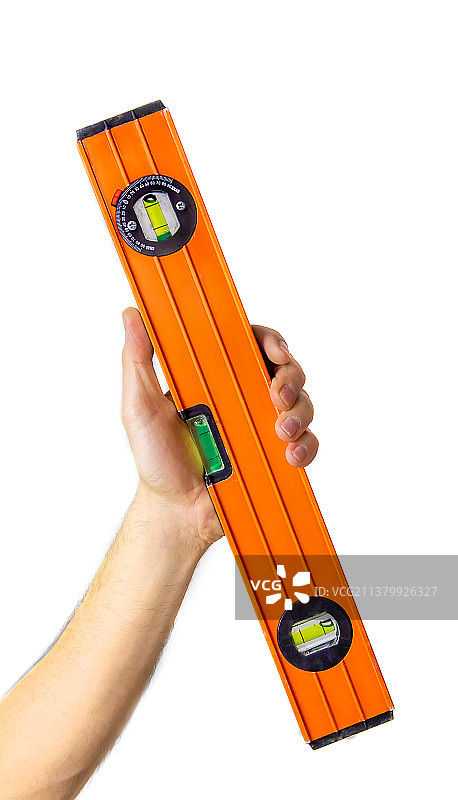 男性隔离者手中的水平仪特写图片素材