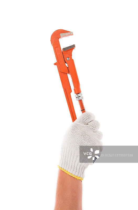 手持扳手，裁剪后的手握住工作工具，白色背景，摩尔多瓦图片素材