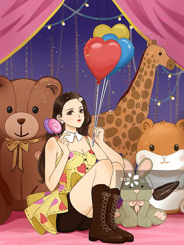 动物舞台梦幻女孩插画图片素材