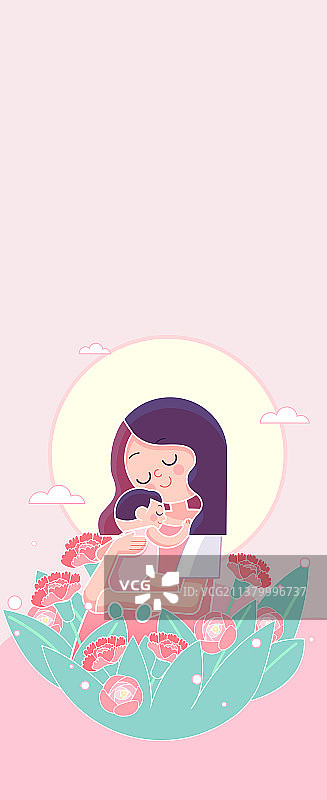妈妈抱着宝宝被康乃馨围绕粉色竖版图片素材