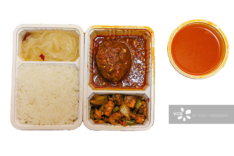 外卖打包美食：红烧狮子头双拼饭图片素材