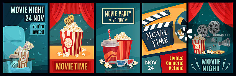 电影海报：夜晚，电影和爆米花图片素材