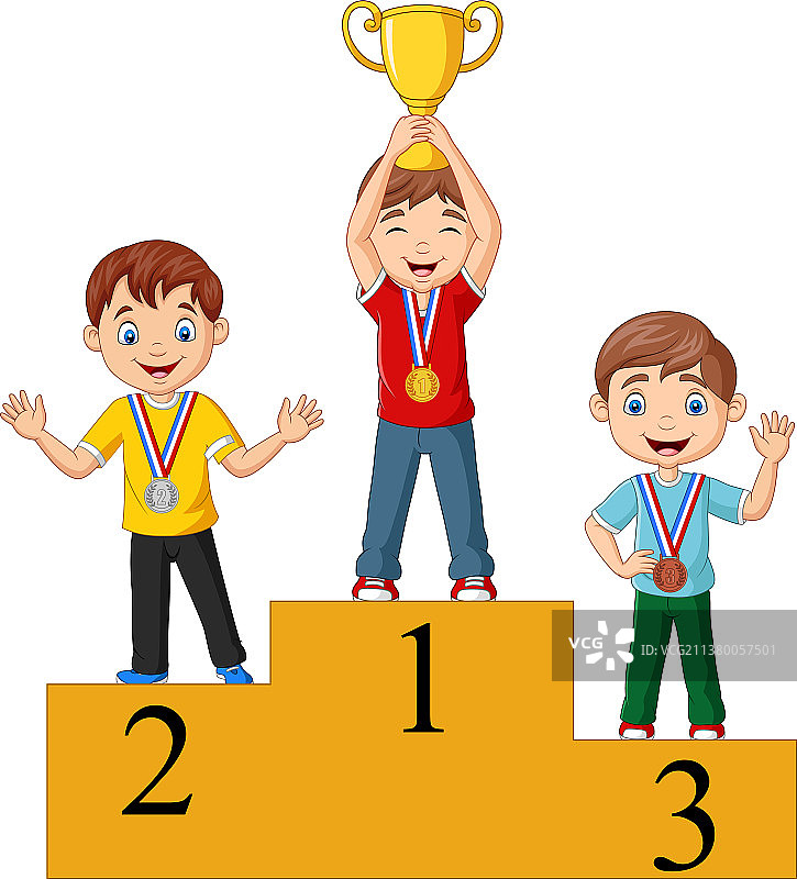 孩子们站在领奖台上，佩戴奖牌图片素材