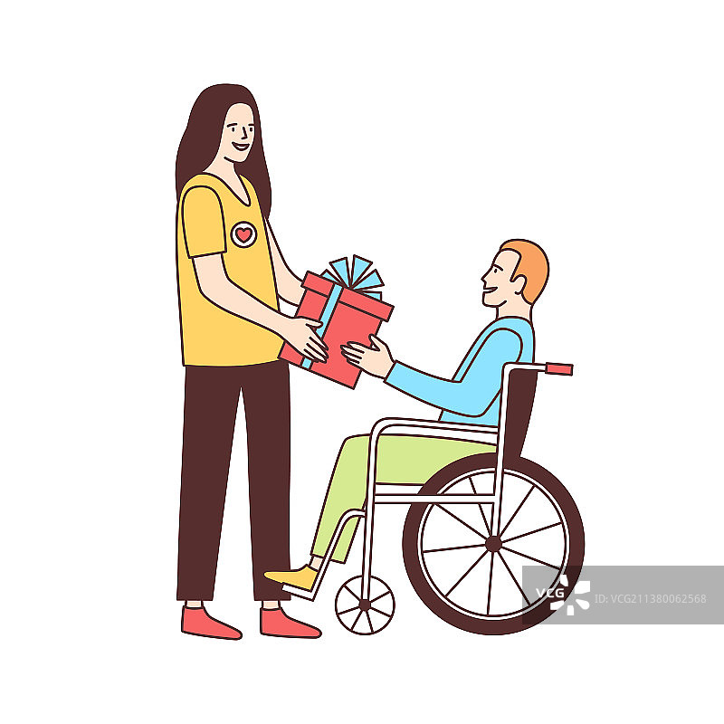 可爱的女志愿者向残疾人赠送礼物图片素材