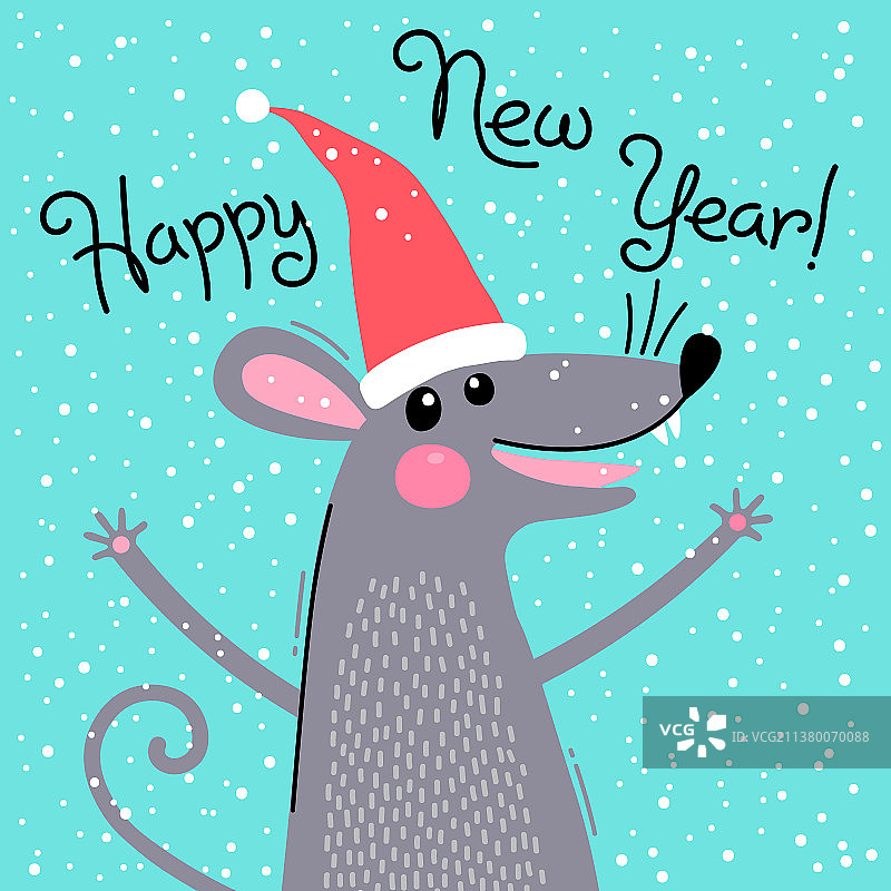戴着圣诞帽的可爱灰鼠祝你新年快乐图片素材
