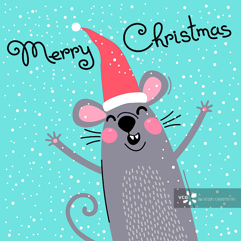 戴着圣诞帽的可爱灰色老鼠祝您圣诞快乐图片素材
