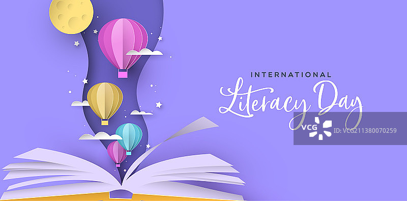 扫盲日打开的书本剪纸热气球图片素材