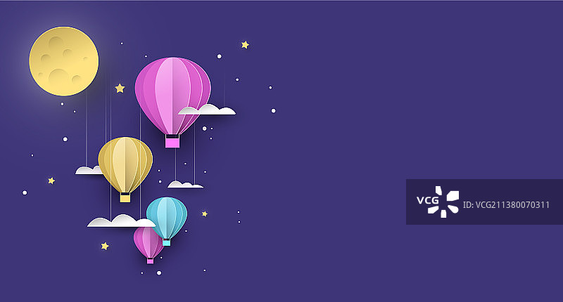 可爱的剪纸热气球背景（夜晚）图片素材