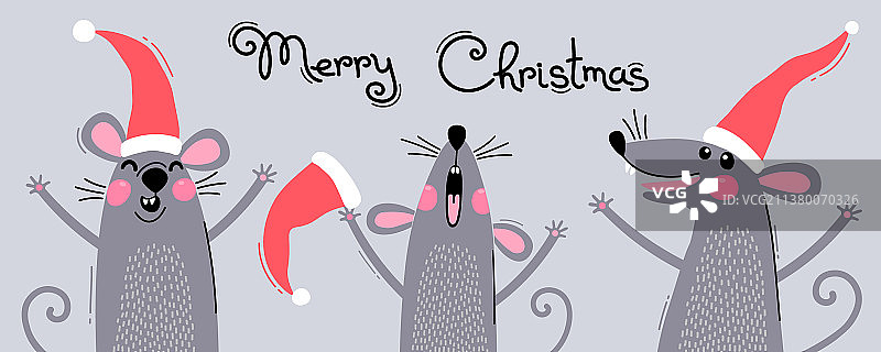 戴圣诞帽的可爱灰色老鼠祝您圣诞快乐图片素材